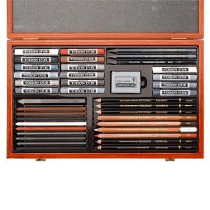 Set 39 accessori per disegno in cassetta di legno: 16 crete a secco, matite Progresso 2B/8B, Progresso Aquarel - Koh-I-Noor