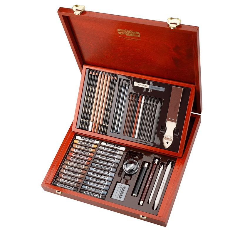 Set 54 accessori per disegno in cassetta di legno: 24 pastelli morbidi Toison d'Or, matita grafite acquerellab - Koh-I-Noor